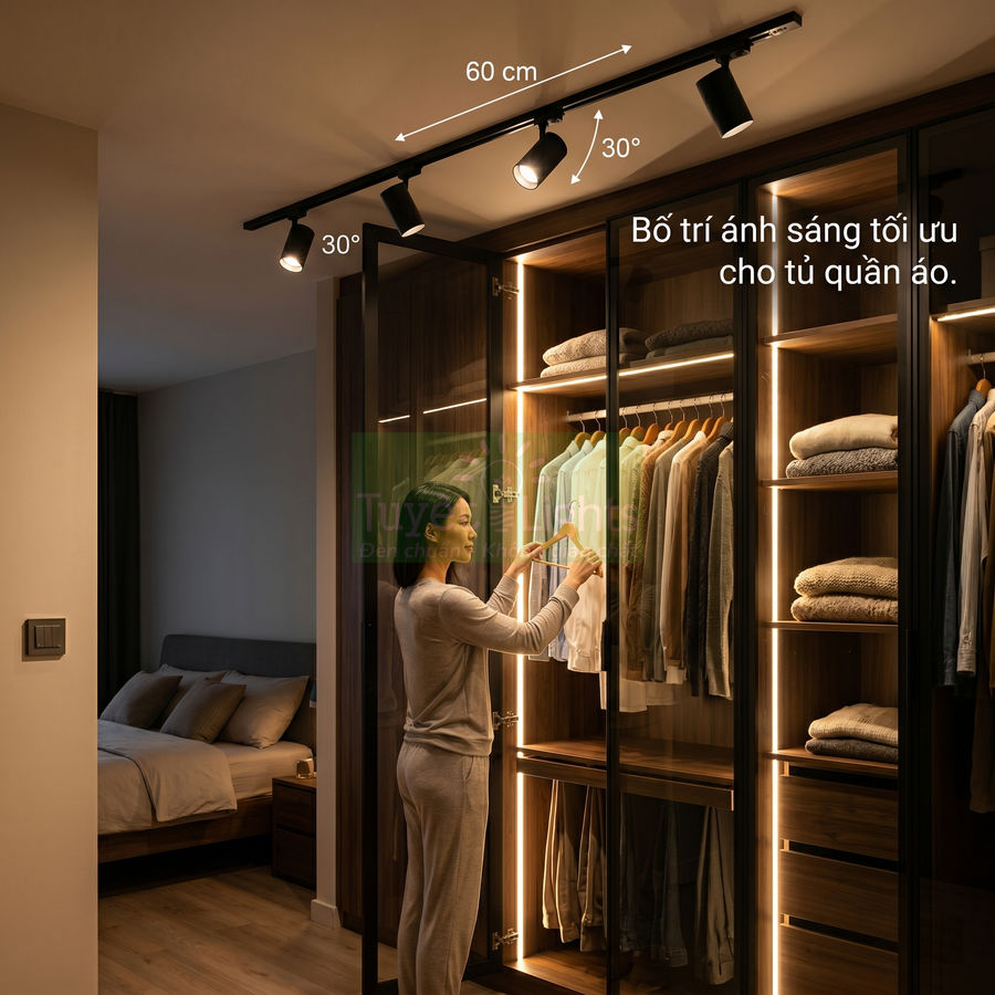 Đèn rọi ray trần chiếu sáng tủ quần áo gỗ cửa kính trong phòng ngủ hiện đại