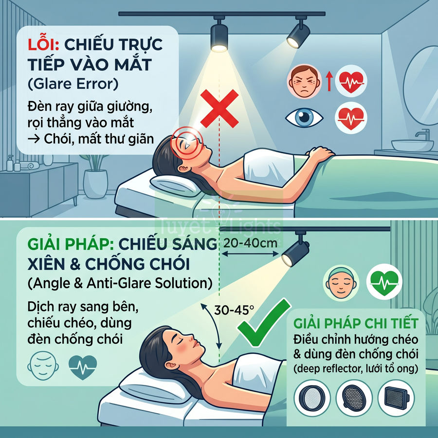 Đèn ray chiếu sáng phòng spa, so sánh cách lắp đèn trực tiếp vào mắt và chiếu xiên chống chói cho giường massage