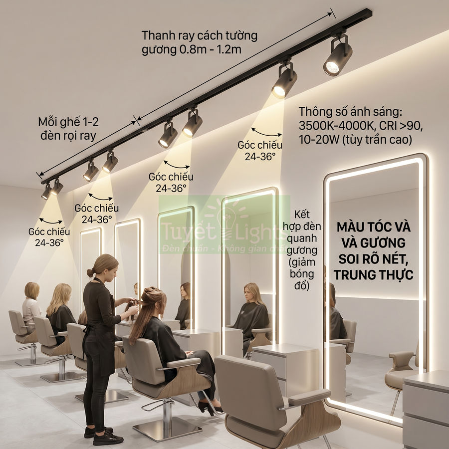 Đèn rọi ray Tuyết Lights chiếu sáng ghế làm tóc và gương salon, cho màu tóc và hình ảnh rõ nét trung thực