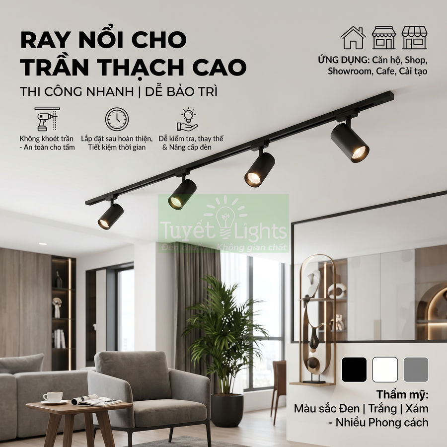 Đèn ray nổi Tuyết Lights cho trần thạch cao màu đen lắp trong phòng khách hiện đại