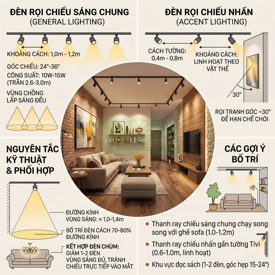 Đèn rọi ray chiếu sáng phòng khách hiện đại với sofa, kệ tivi và tranh treo tường