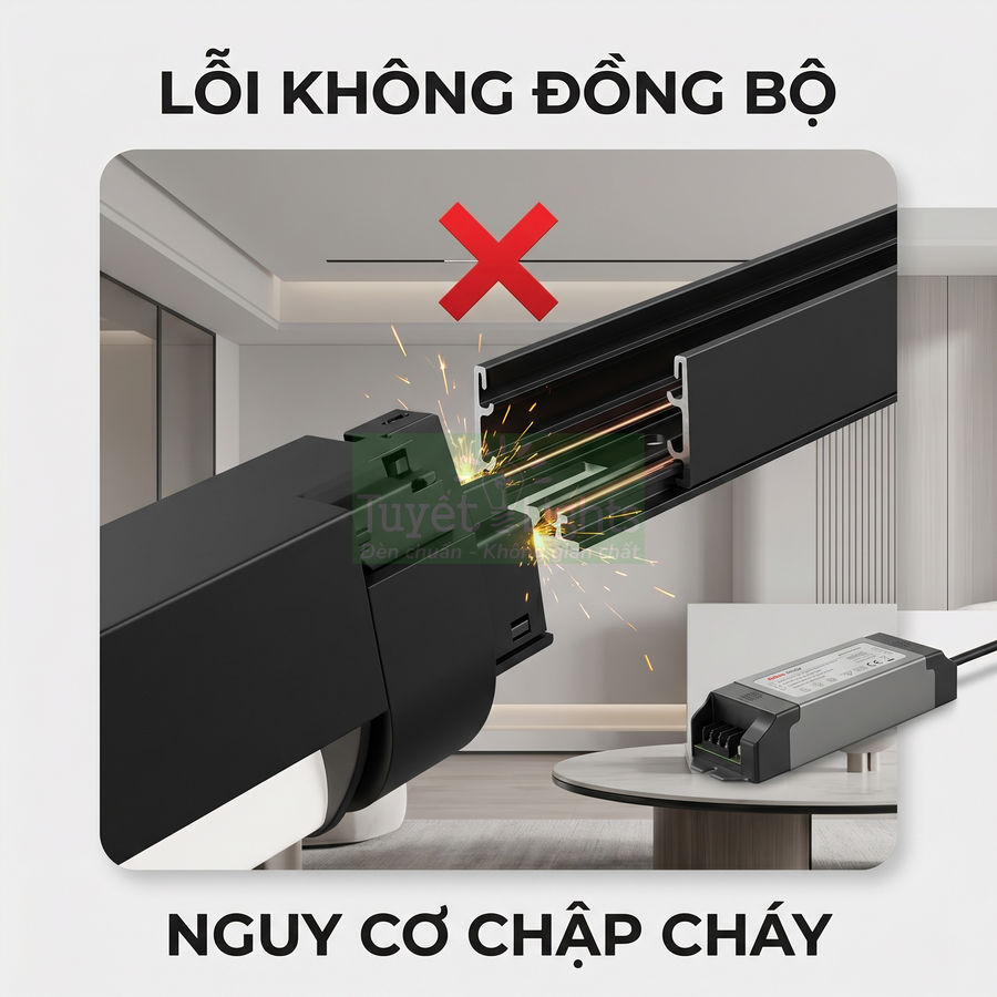 Đèn ray nam châm lắp lệch khớp gây tóe lửa, cảnh báo nguy cơ chập cháy hệ thống chiếu sáng