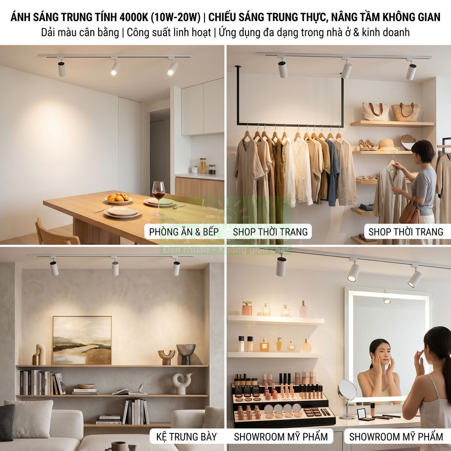 Đèn rọi ray LED ánh sáng trung tính 4000K chiếu sáng phòng ăn, shop thời trang, kệ trưng bày và showroom mỹ phẩm