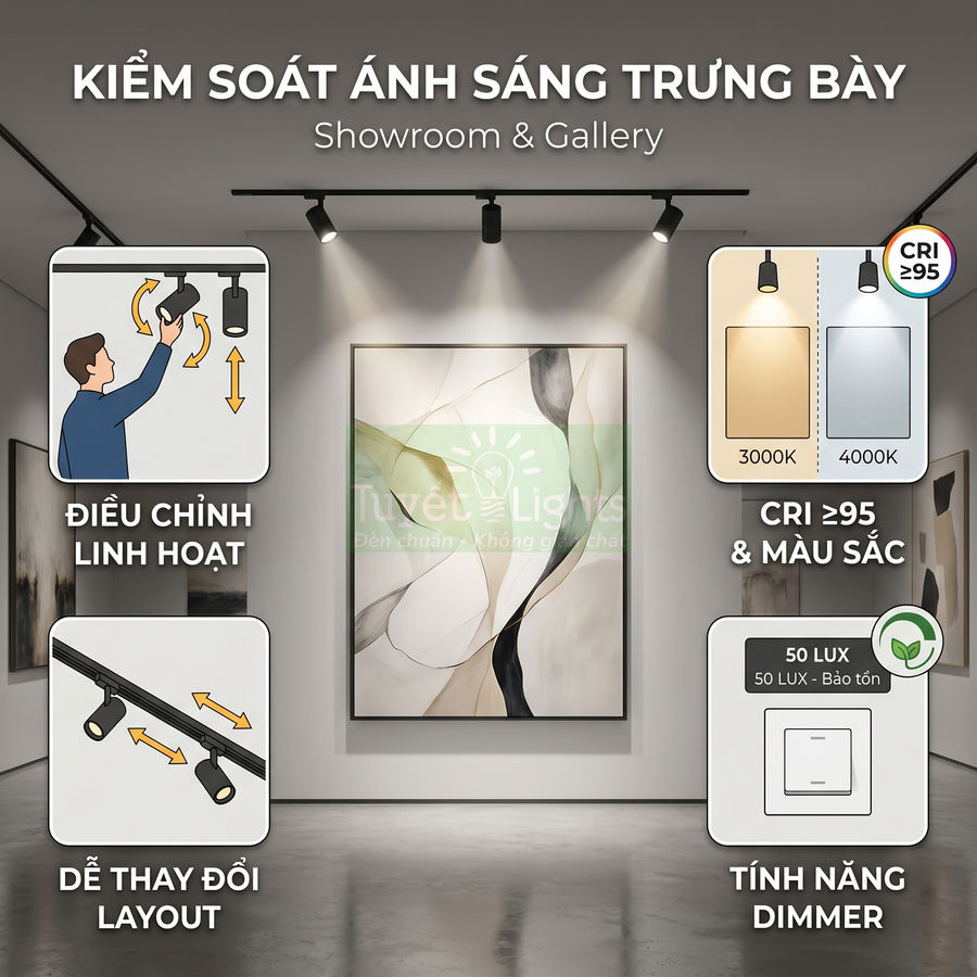 Đèn rọi ray Tuyết Lights chiếu tranh trong showroom gallery, điều chỉnh linh hoạt, CRI cao và có tính năng dimmer