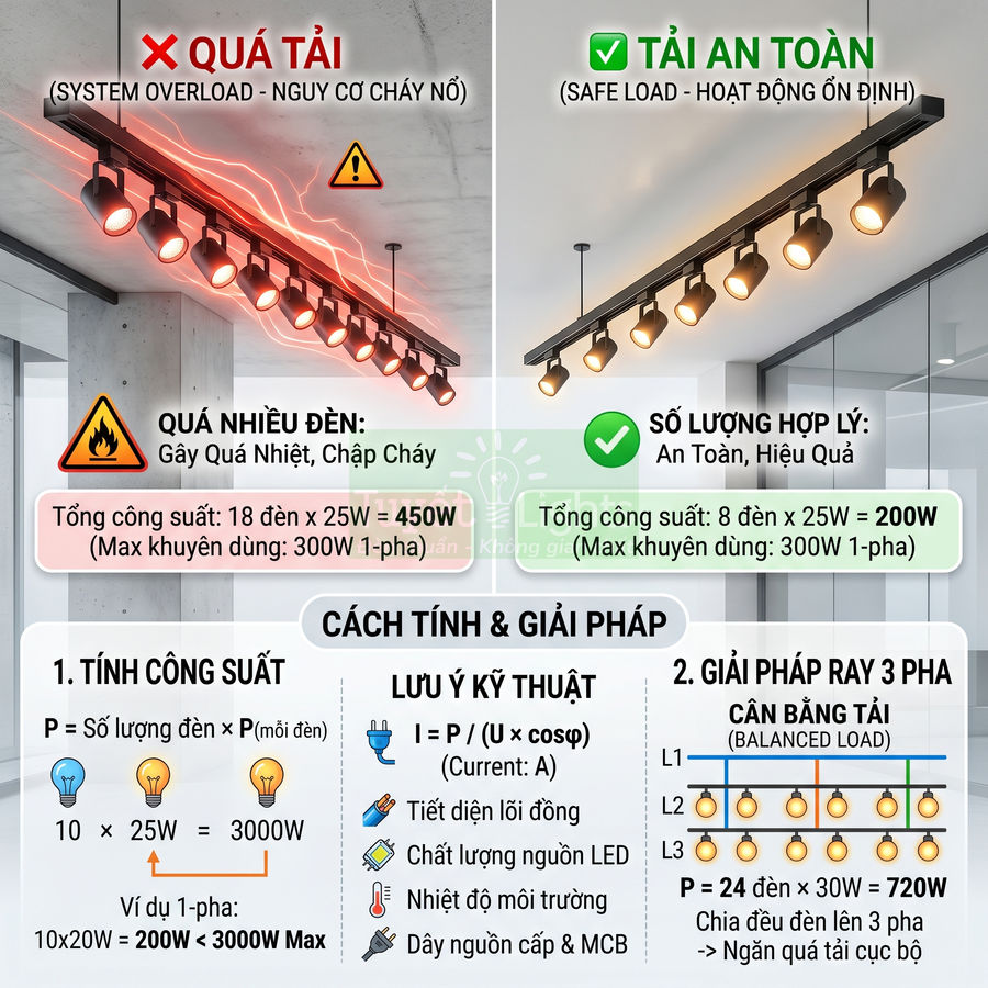 So sánh hệ thống đèn ray LED quá tải và bố trí đèn ray LED công suất an toàn trong phòng làm việc