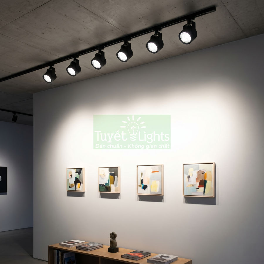 Đèn rọi ray Tuyết Lights chiếu sáng tranh treo tường trong không gian phòng trưng bày hiện đại