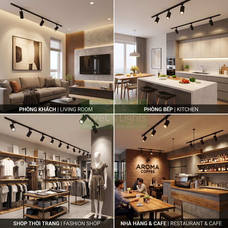 Đèn rọi ray trần chiếu sáng phòng khách, bếp, shop thời trang và quán cafe hiện đại