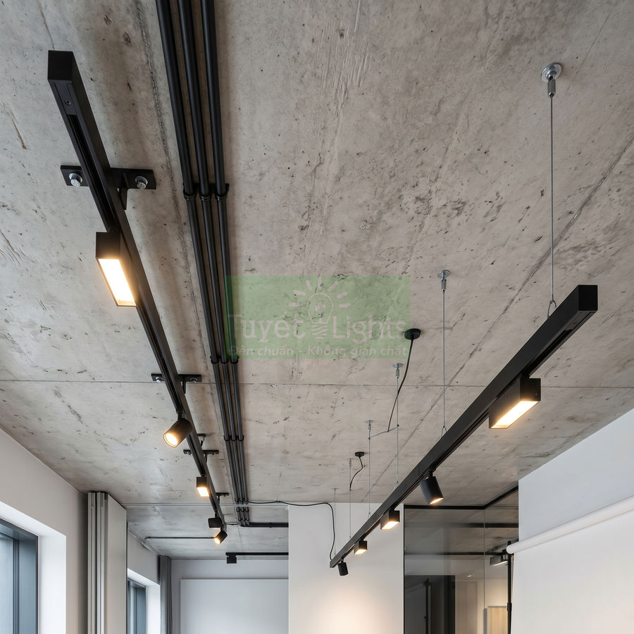 Đèn rọi ray LED màu đen lắp trần bê tông cho không gian văn phòng hiện đại