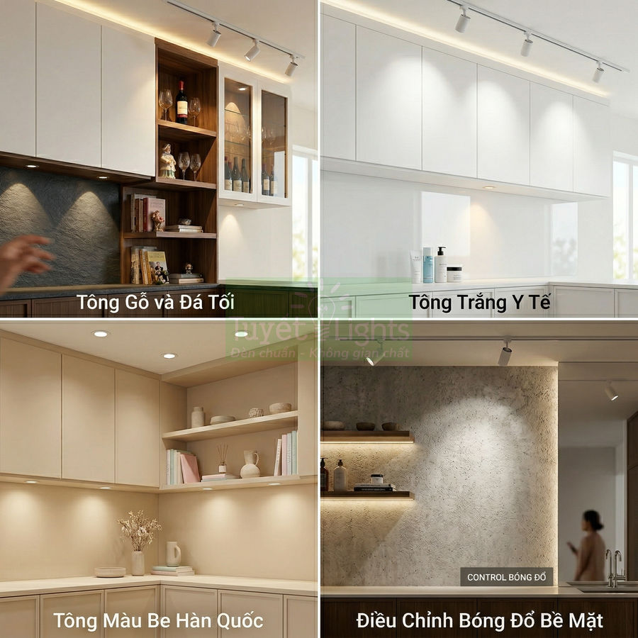 Đèn rọi ray âm trần chiếu sáng tủ bếp và kệ trang trí với nhiều tông màu nội thất khác nhau