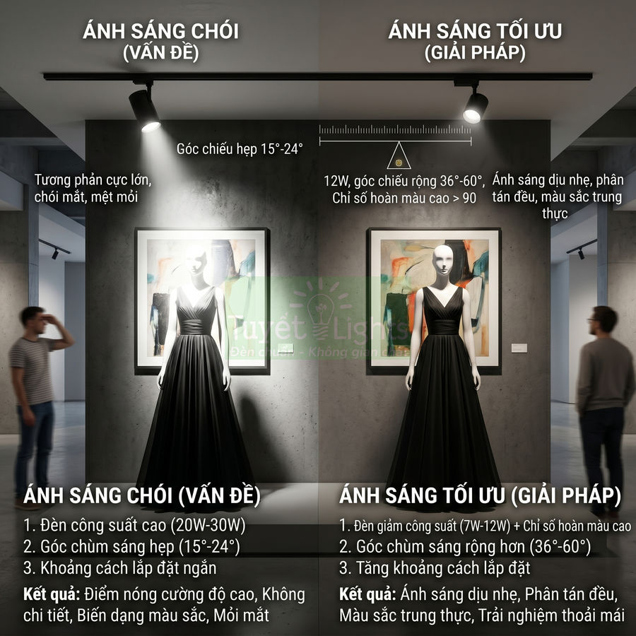 Đèn rọi ray chiếu sáng ma nơ canh váy đen trong phòng trưng bày, so sánh ánh sáng chói và ánh sáng tối ưu