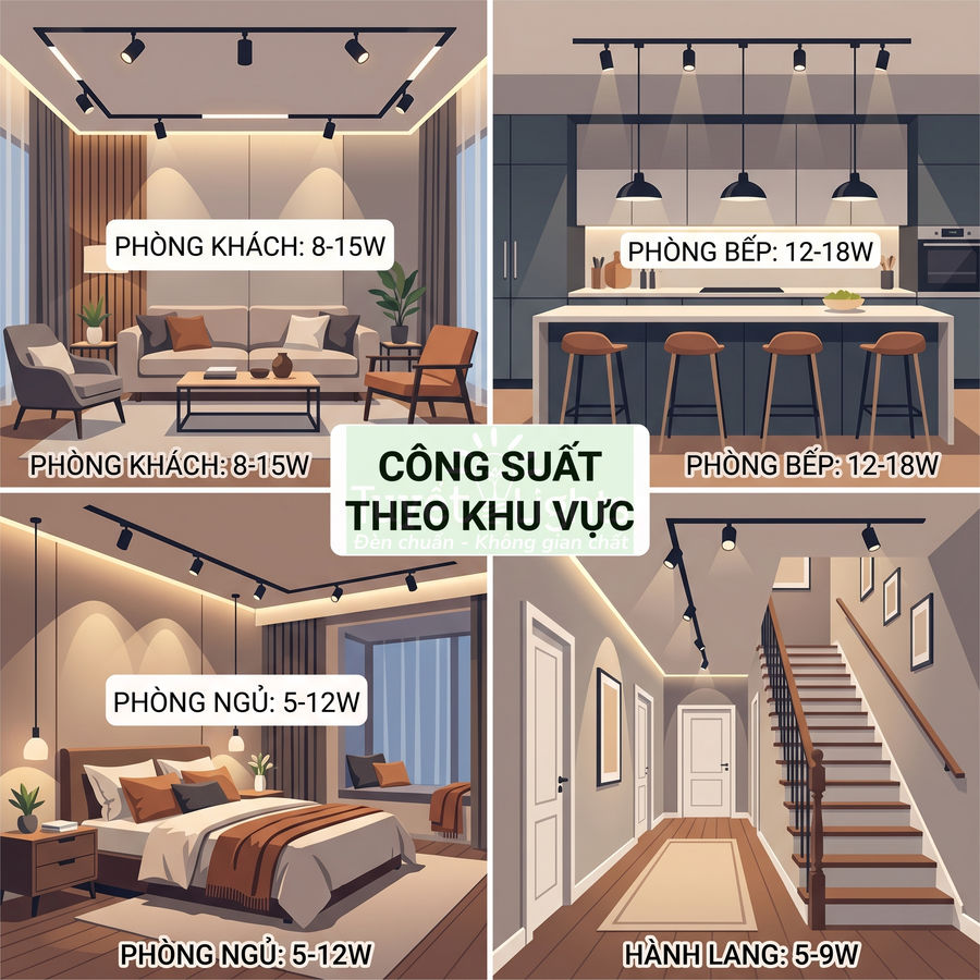 Đèn rọi ray lắp trần cho phòng khách, phòng bếp, phòng ngủ và hành lang với gợi ý công suất theo từng khu vực