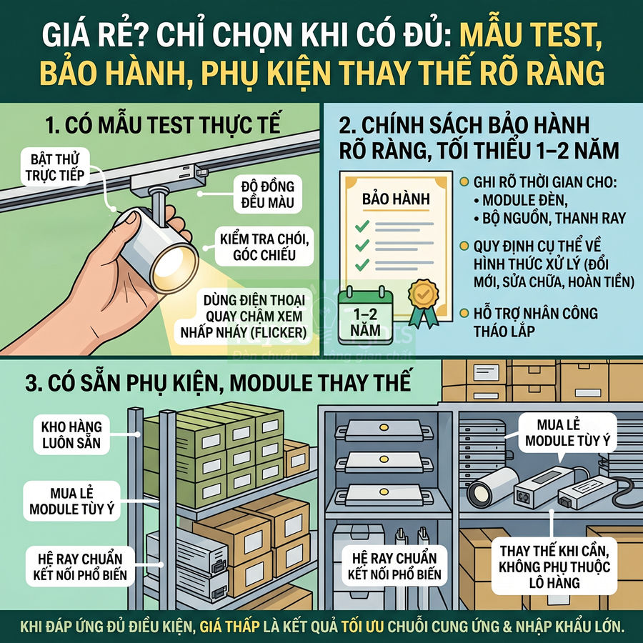 Hướng dẫn chọn đèn rọi ray giá rẻ với mẫu test thực tế, chính sách bảo hành 1 2 năm và phụ kiện module thay thế sẵn