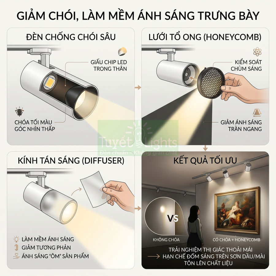 Đèn rọi ray LED chống chói với lưới tổ ong và kính tán sáng, chiếu tranh trưng bày giảm lóa và làm mềm ánh sáng