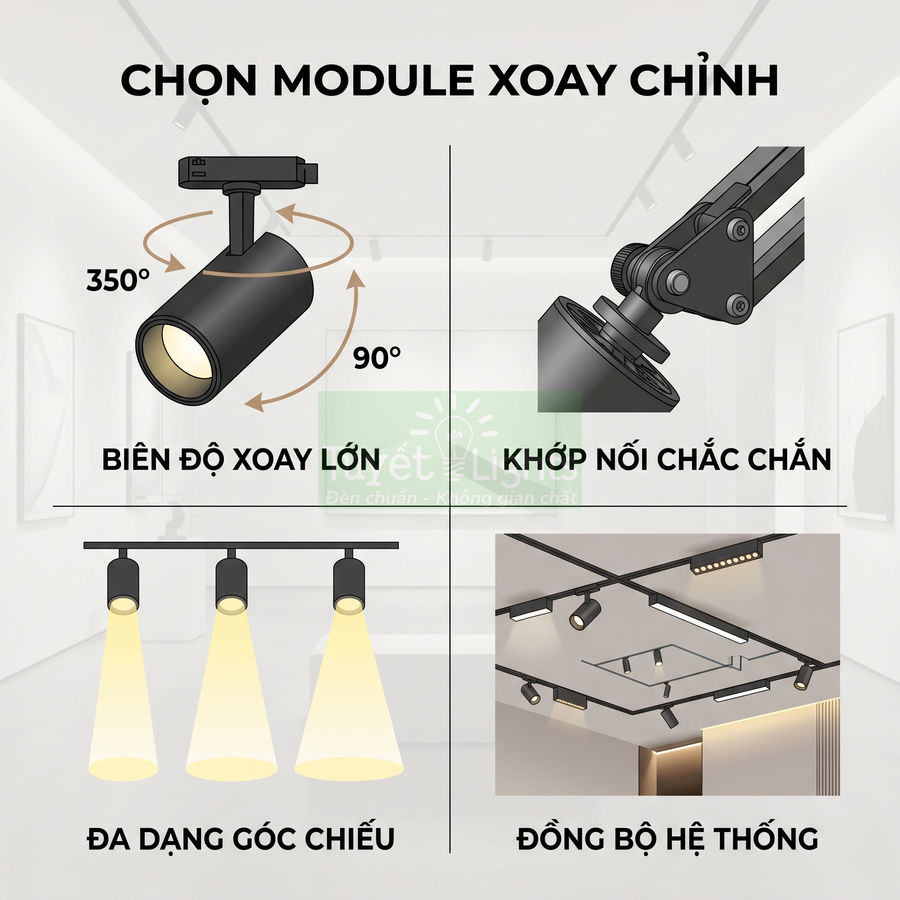 Đèn rọi ray LED xoay chỉnh đa hướng, khớp nối chắc chắn, nhiều góc chiếu cho hệ thống chiếu sáng trần hiện đại