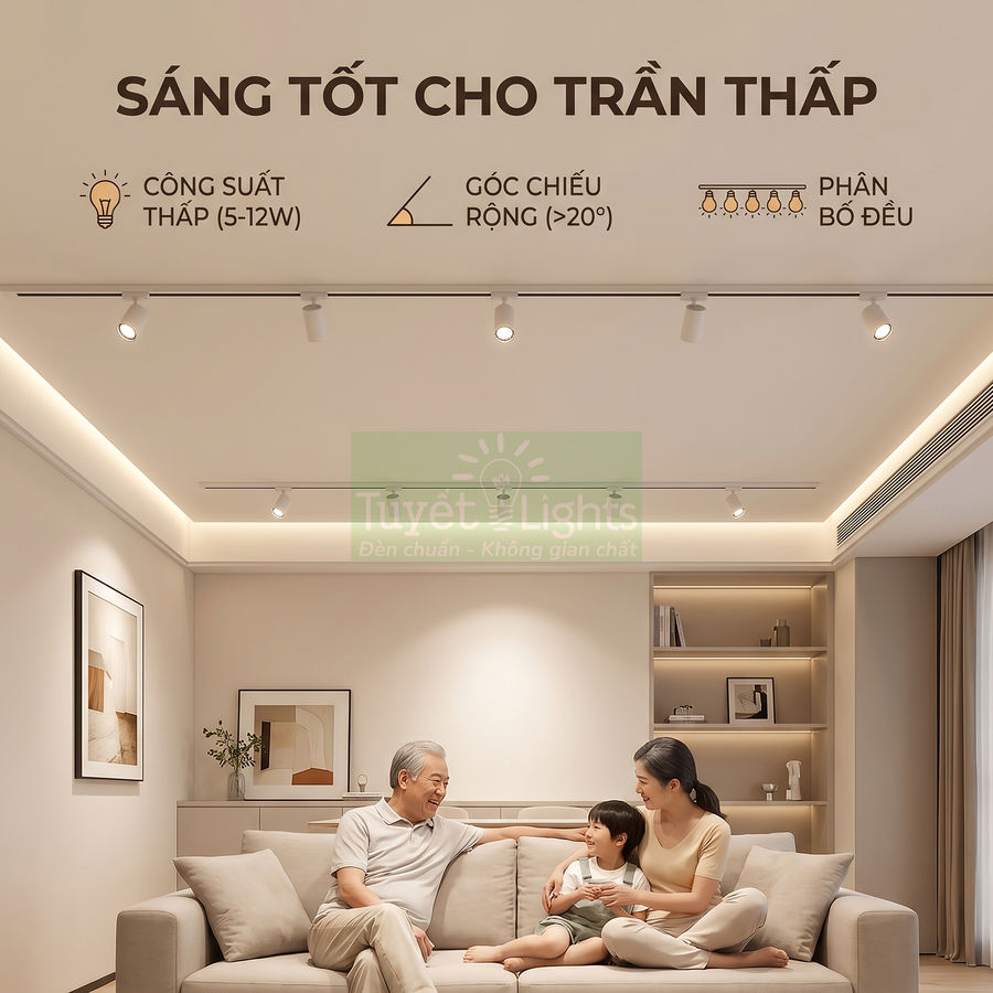 Đèn rọi ray Tuyết Lights chiếu sáng trần thấp trong phòng khách hiện đại, ánh sáng ấm áp cho gia đình