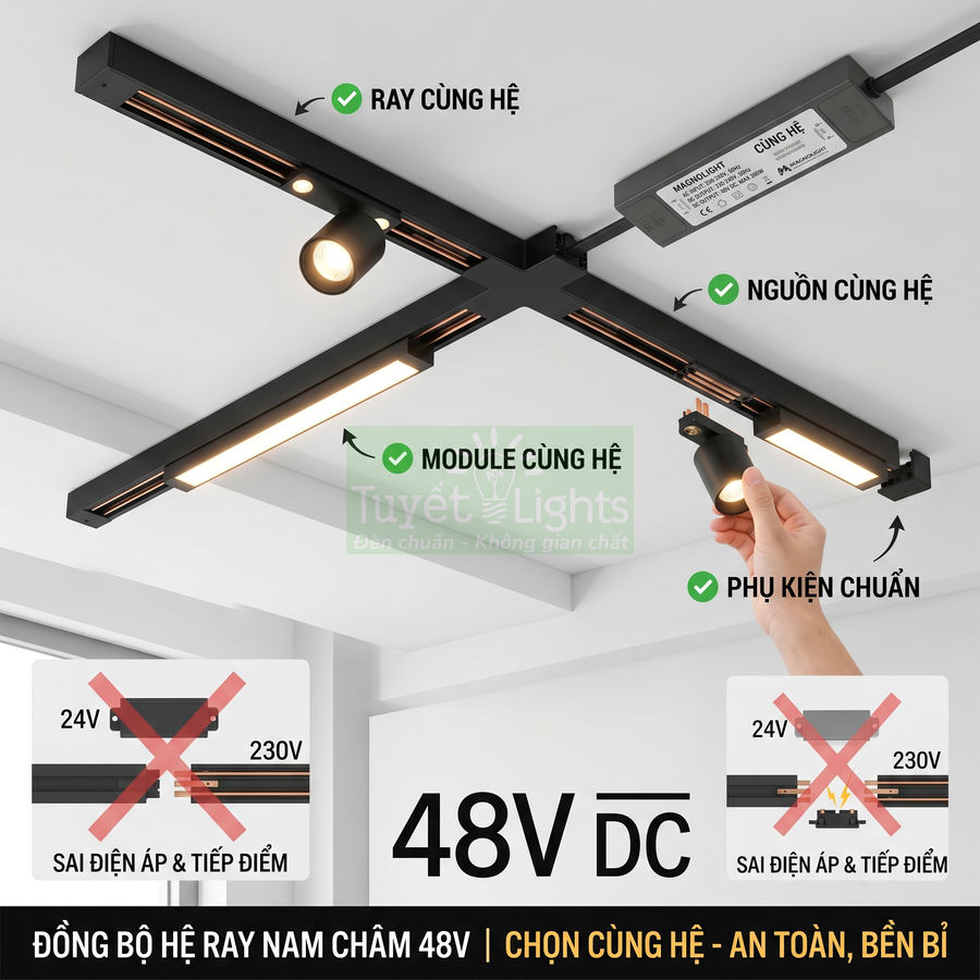 Hệ đèn ray nam châm 48V DC Tuyết Lights lắp trần với module đèn LED và phụ kiện đồng bộ