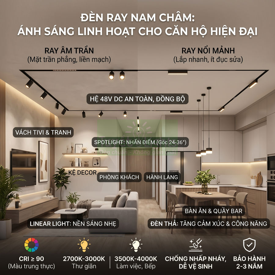 Đèn rọi ray nam châm loại nào tốt cho căn hộ hiện đại?