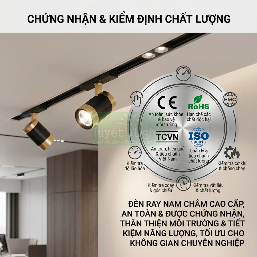 Đèn ray nam châm cao cấp màu đen viền vàng gắn trần trong phòng khách hiện đại, đạt nhiều chứng nhận an toàn