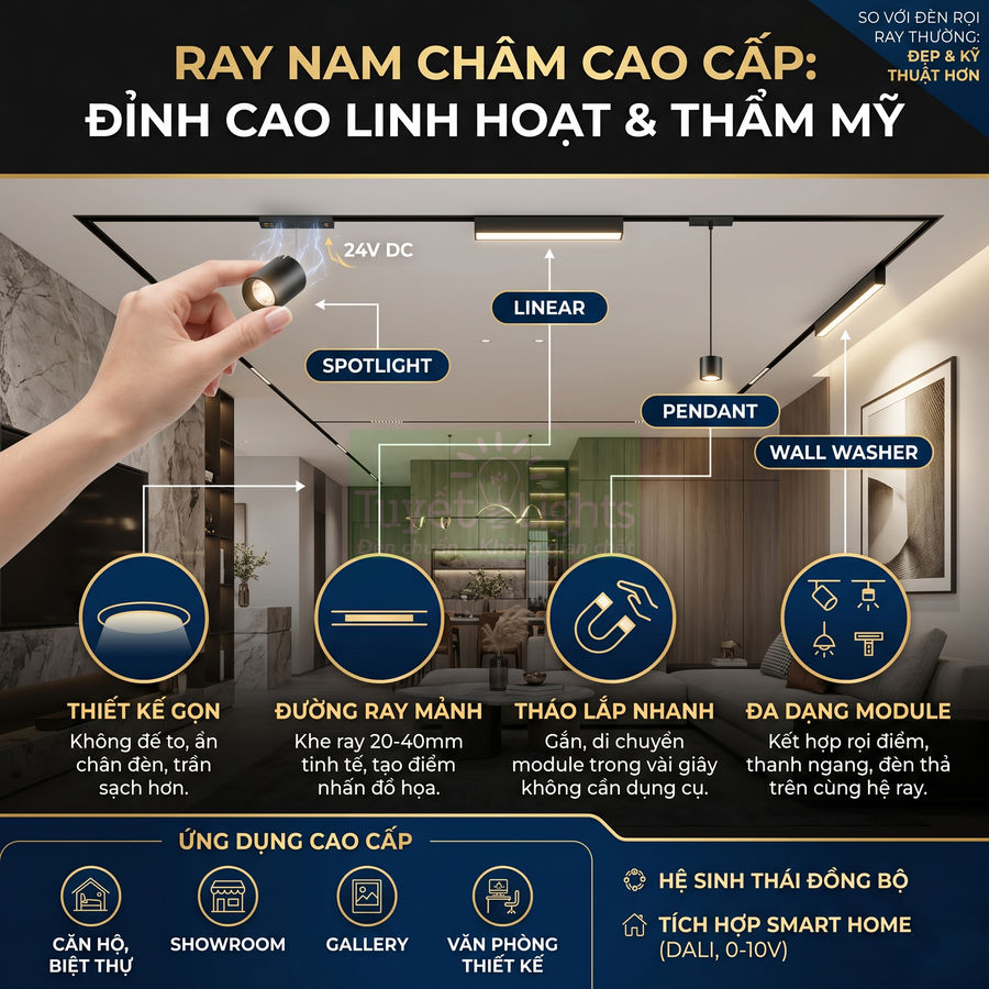 Hệ thống đèn ray nam châm cao cấp cho phòng khách hiện đại với spotlight, linear, pendant và wall washer