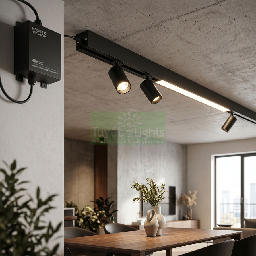 Đèn ray nam châm Tuyết Lights 48V chiếu sáng bàn ăn trong phòng khách hiện đại
