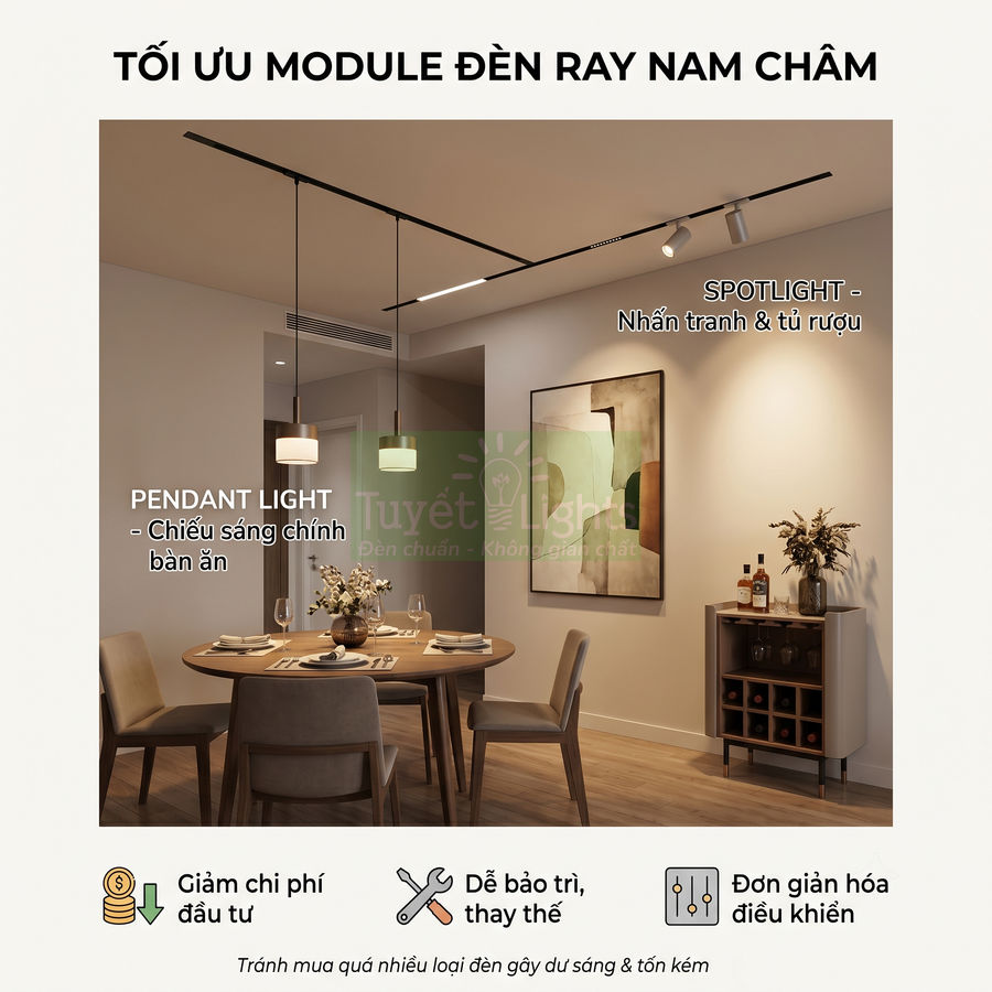 Đèn ray nam châm chiếu sáng phòng ăn hiện đại với đèn thả bàn ăn và spotlight trang trí tường