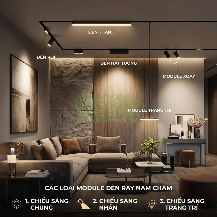 Phòng khách hiện đại sử dụng hệ thống đèn ray nam châm với đèn rọi, đèn thanh, đèn hắt tường và module trang trí