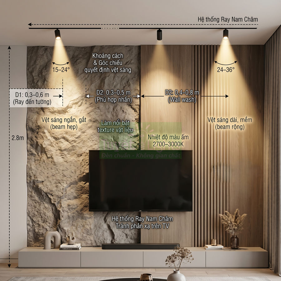 Phòng khách hiện đại với hệ thống đèn ray nam châm chiếu tường đá và gỗ phía sau TV treo tường