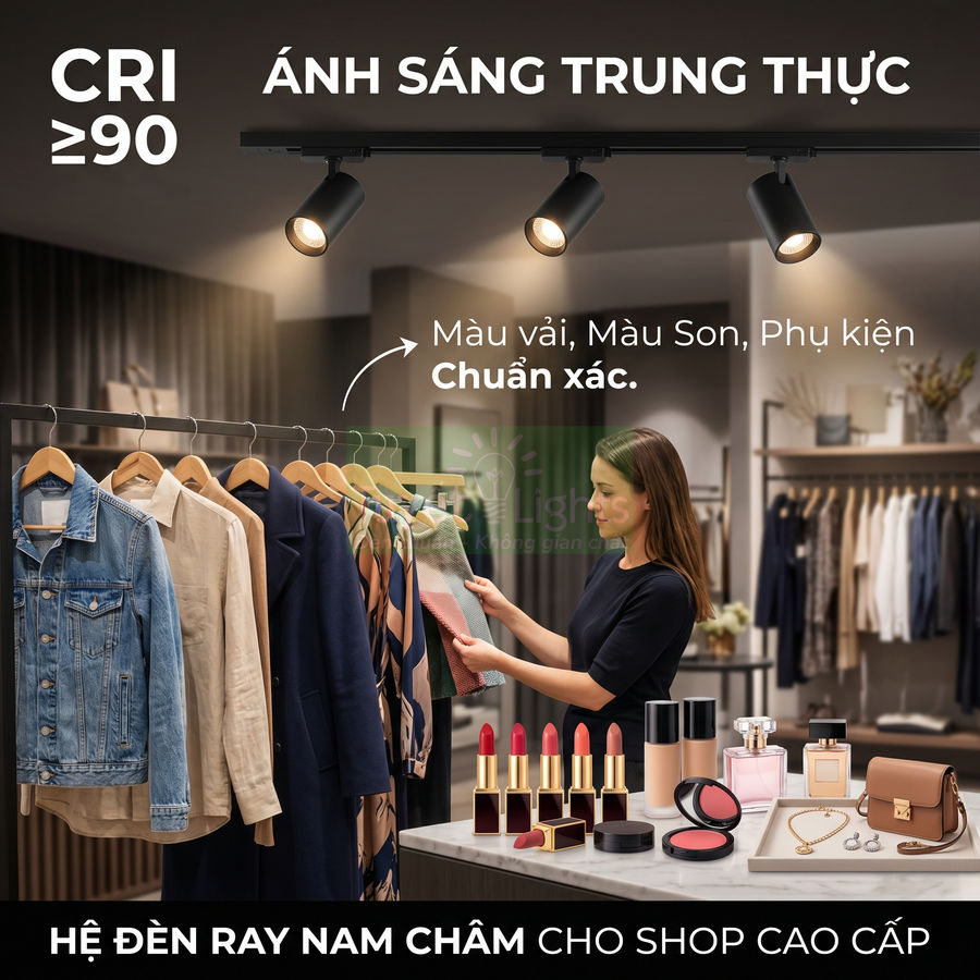 Hệ đèn ray nam châm CRI 90 chiếu sáng trung thực cho shop thời trang và mỹ phẩm cao cấp