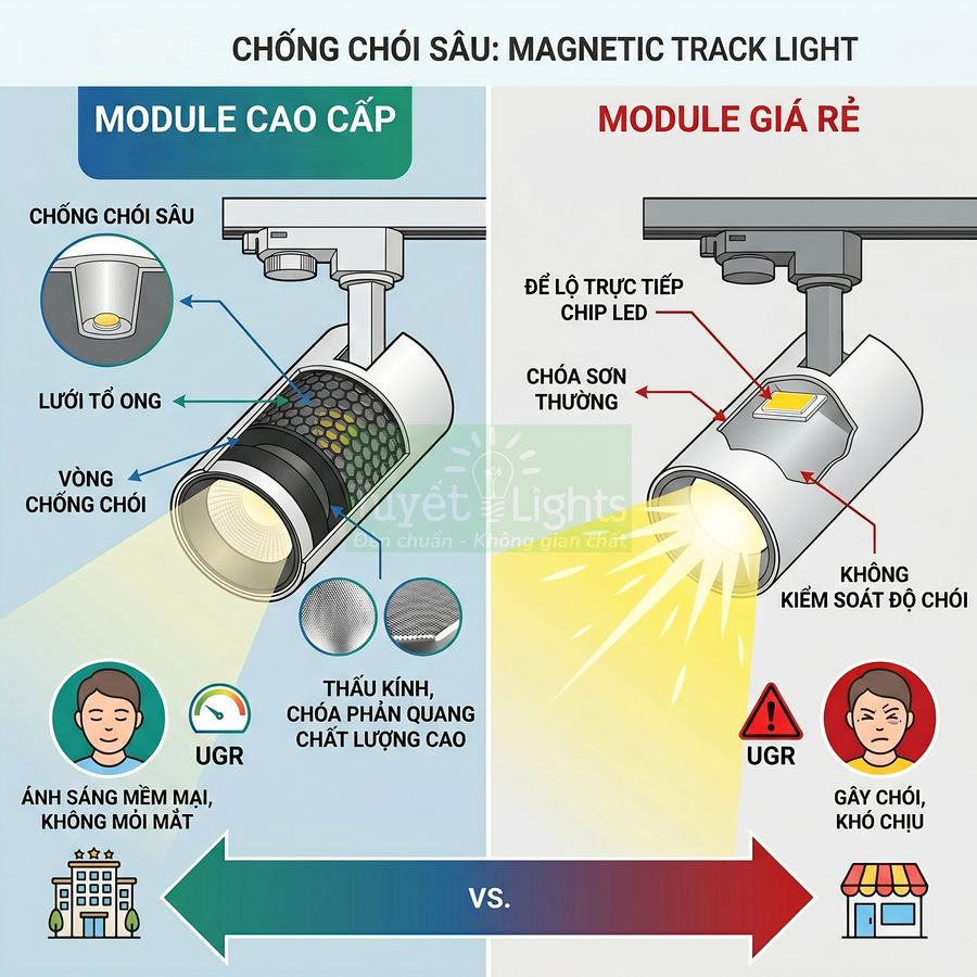 So sánh đèn rọi ray nam châm chống chói sâu cao cấp và đèn rọi ray giá rẻ gây chói mắt