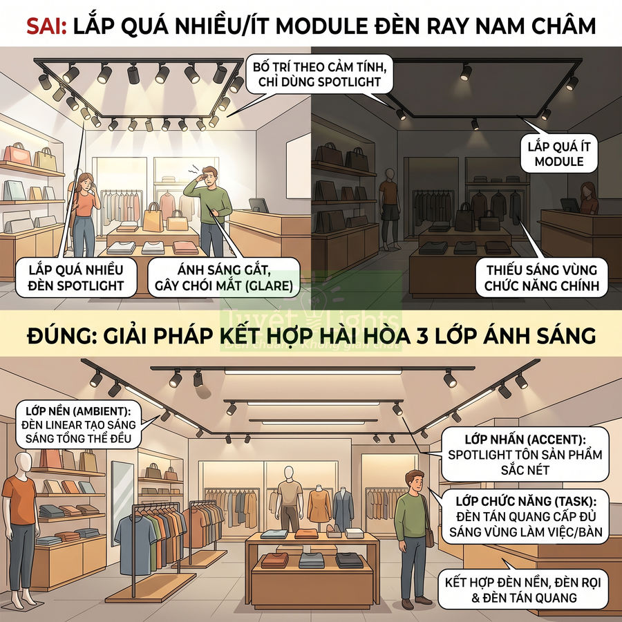 Minh họa so sánh lắp đèn ray nam châm sai và đúng, giải pháp kết hợp 3 lớp ánh sáng cho cửa hàng thời trang