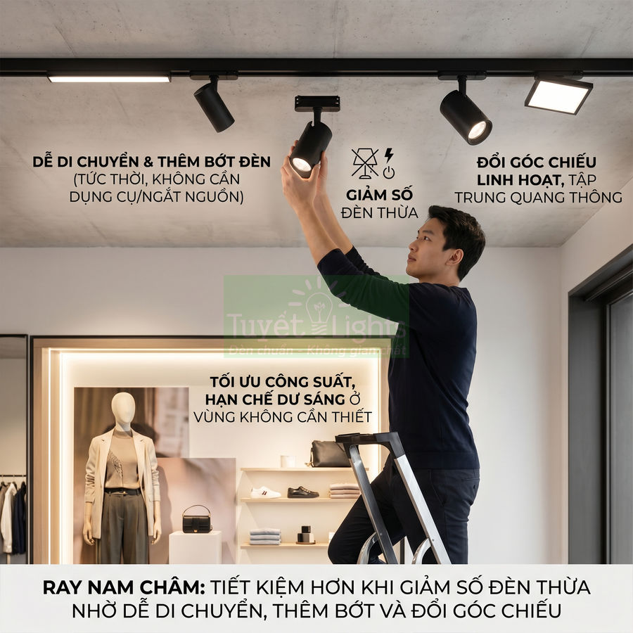 Đèn ray nam châm tuyết light lắp trên trần cửa hàng thời trang, dễ di chuyển và điều chỉnh góc chiếu ánh sáng