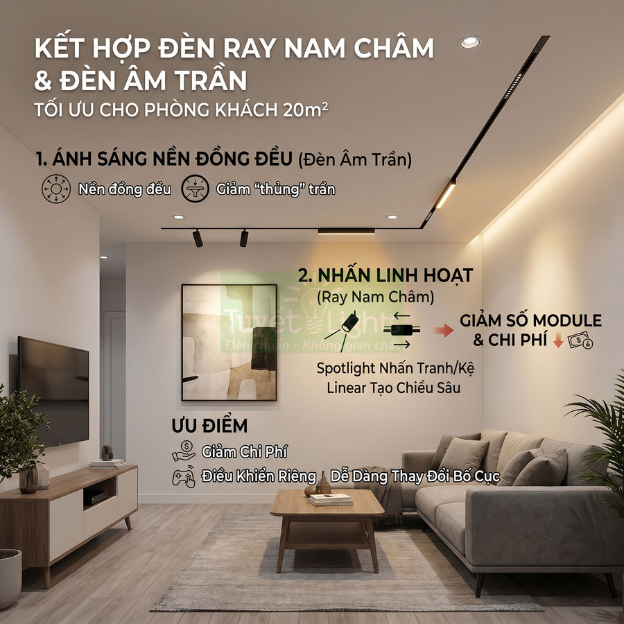 Phòng khách hiện đại sử dụng đèn ray nam châm và đèn âm trần tối ưu chiếu sáng và trang trí nội thất
