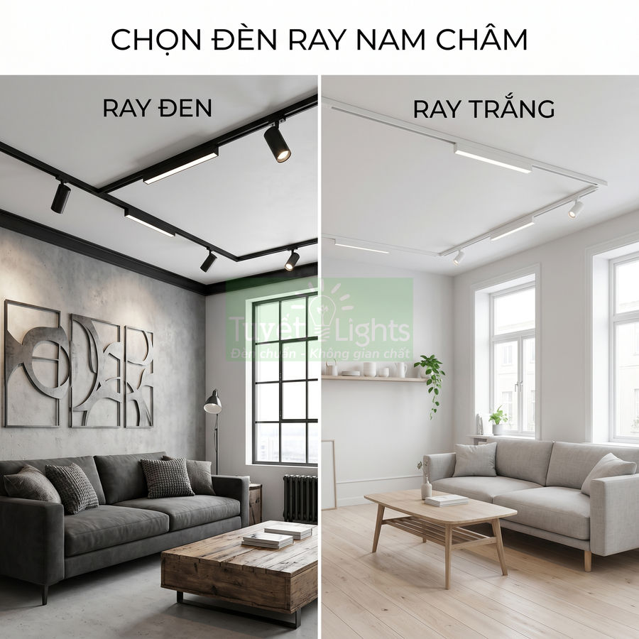 So sánh đèn ray nam châm ray đen và ray trắng lắp trần cho phòng khách hiện đại