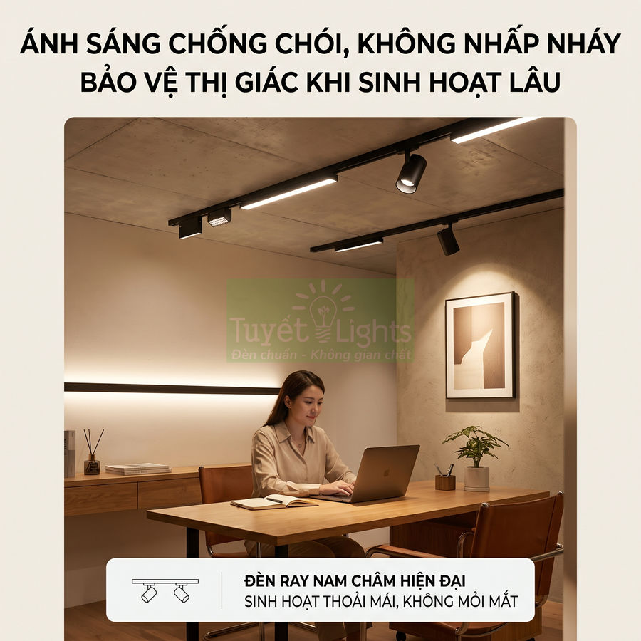 Đèn ray nam châm Tuyết Lights chiếu sáng chống chói cho bàn làm việc hiện đại trong phòng làm việc