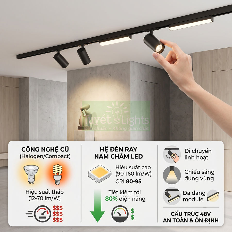 Hệ đèn ray nam châm LED Tuyết Lights lắp trần, điều chỉnh linh hoạt, chiếu sáng hiện đại cho phòng khách