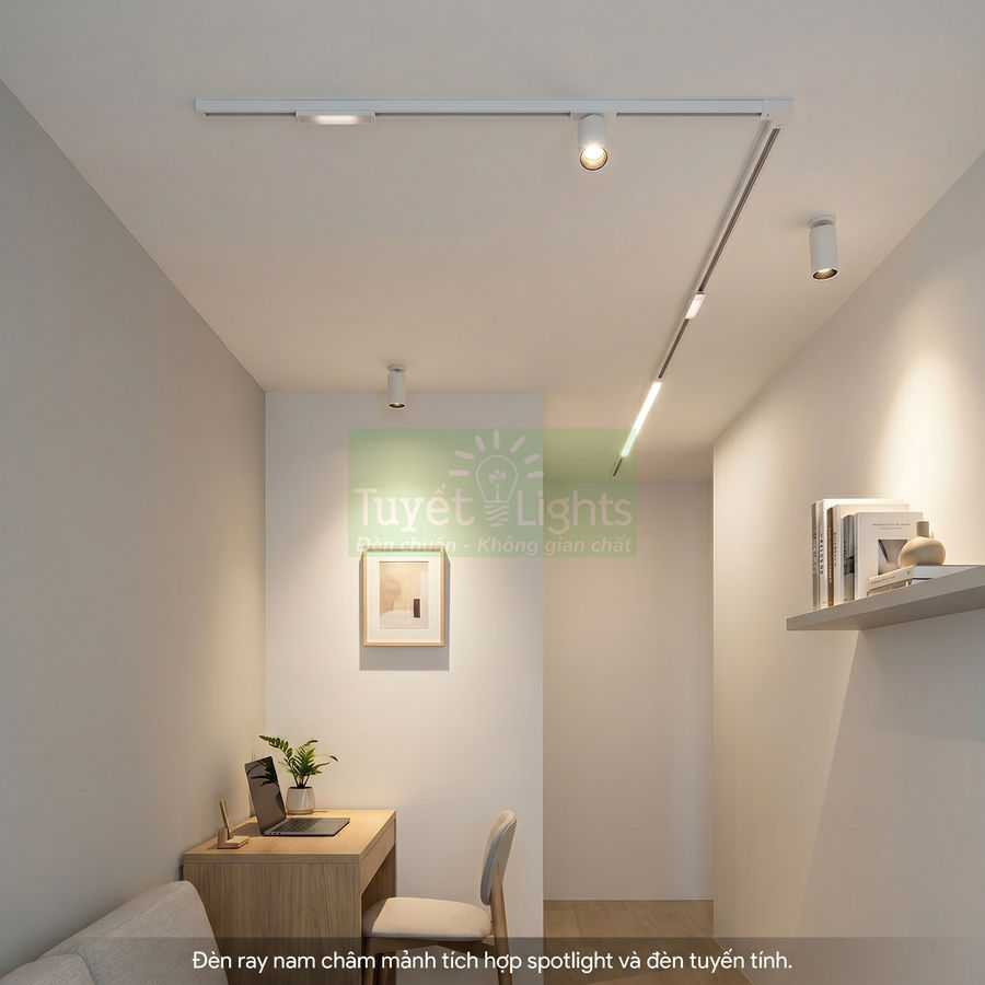 Đèn ray nam châm mảnh tích hợp spotlight và đèn tuyến tính chiếu sáng bàn làm việc trong phòng nhỏ hiện đại