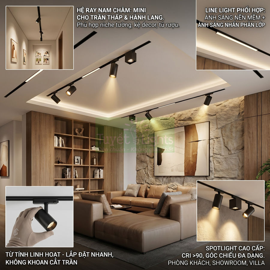Đèn ray nam châm mini chiếu sáng phòng khách hiện đại với sofa da và tranh treo tường