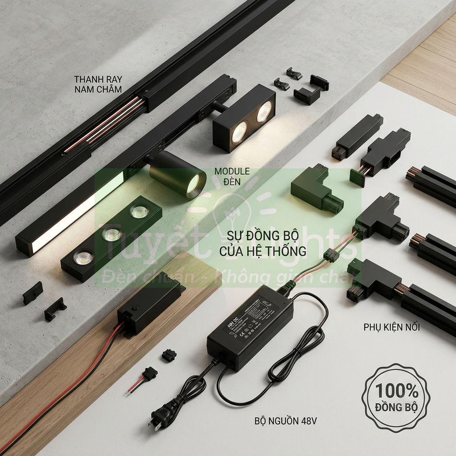 Bộ đèn ray nam châm màu đen kèm module đèn, phụ kiện nối và bộ nguồn 48V trưng bày trên mặt bàn