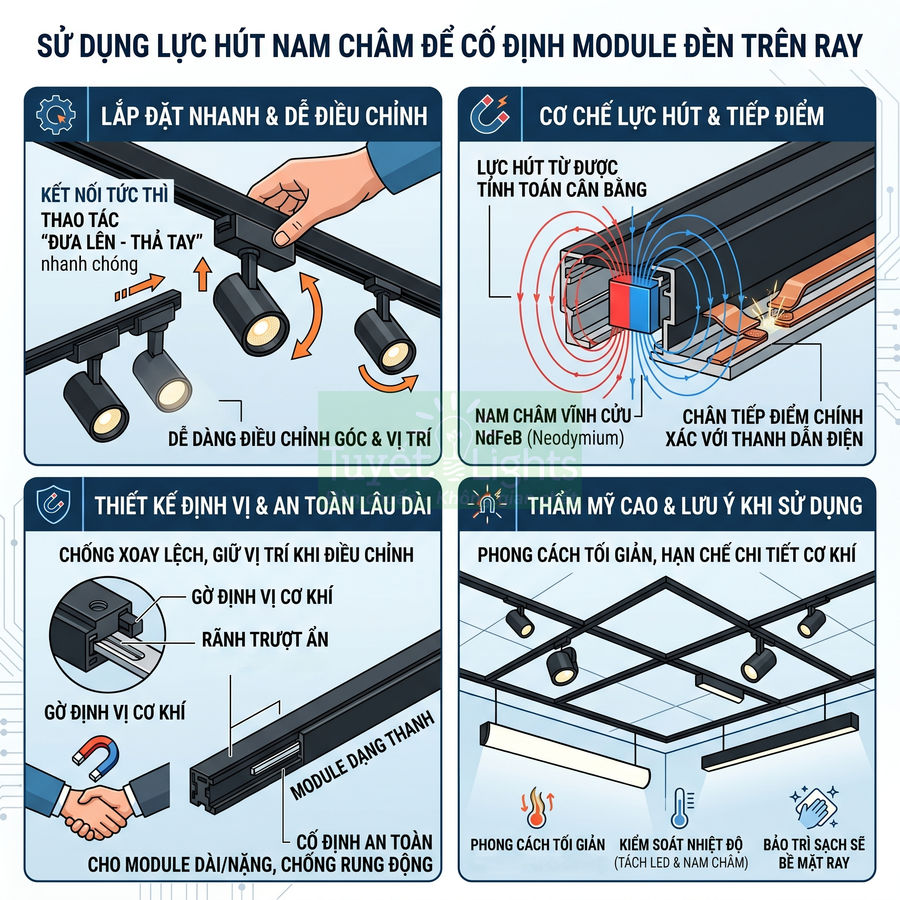 Hệ thống đèn ray nam châm NdFeB gắn trần, module đèn dễ lắp đặt điều chỉnh góc chiếu và cố định an toàn