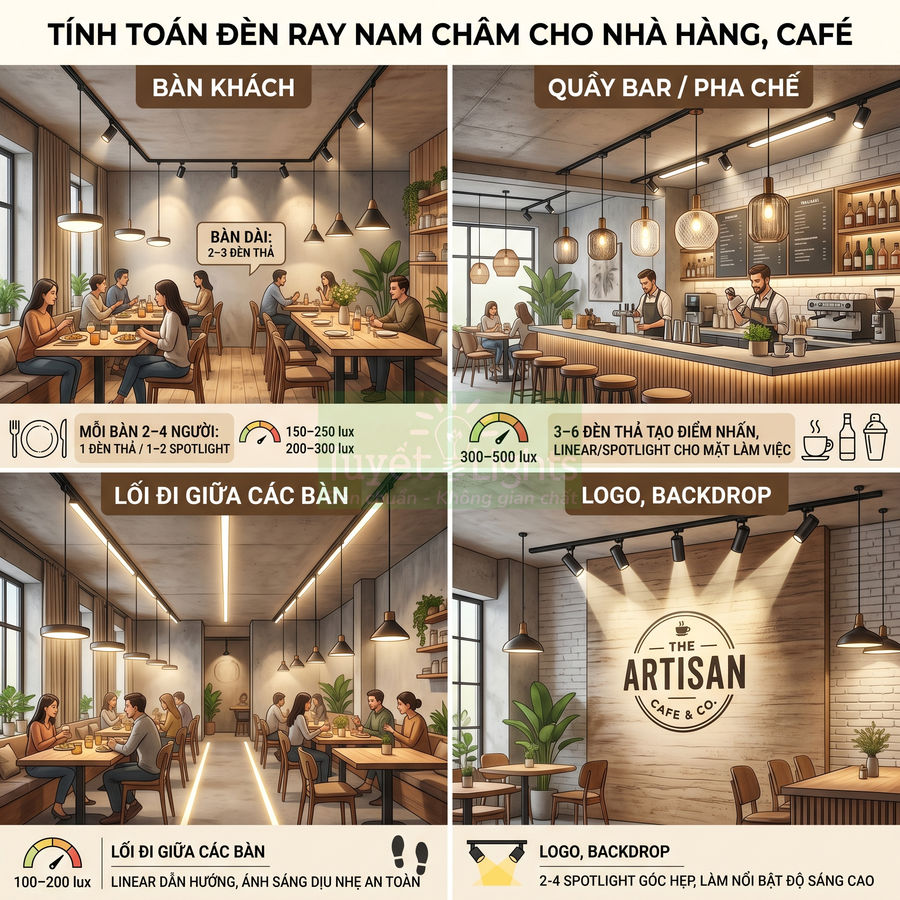 Minh họa bố trí đèn ray nam châm cho nhà hàng cafe, chiếu sáng bàn khách, quầy bar, lối đi và khu logo backdrop