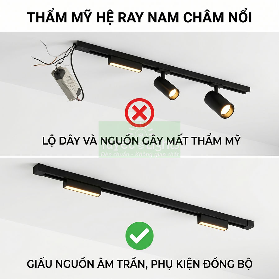 Đèn ray nam châm nổi màu đen giấu nguồn âm trần, thiết kế tối giản tăng thẩm mỹ trần nhà