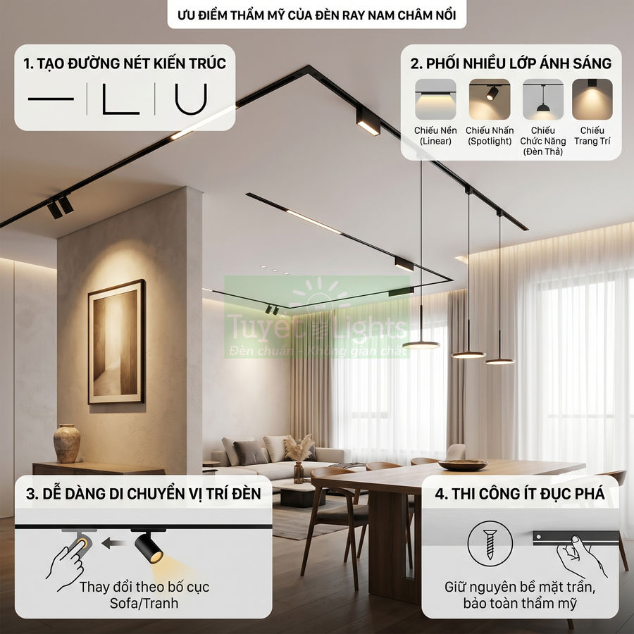 Đèn ray nam châm âm trần Tuyết Lights chiếu sáng phòng khách và bàn ăn hiện đại, dễ dàng thay đổi vị trí chiếu sáng