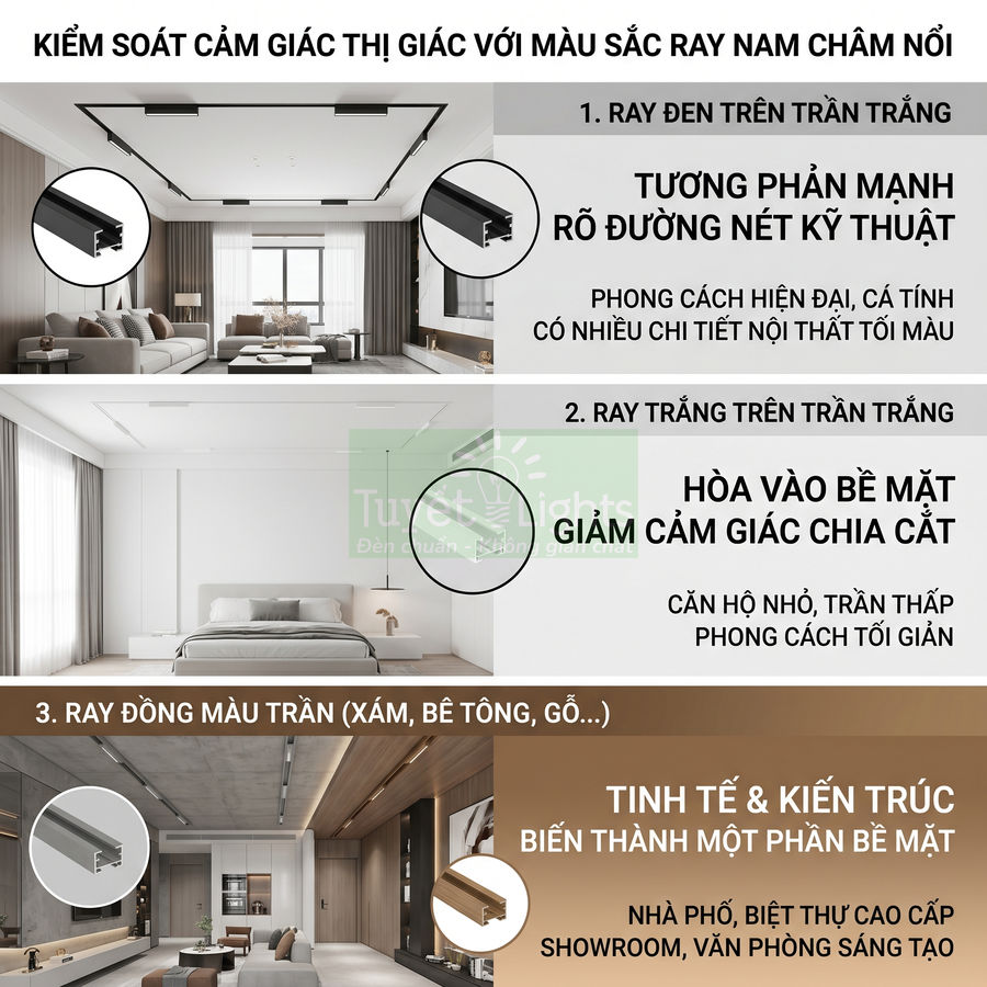 Các mẫu ray nam châm nổi màu đen, trắng, đồng màu trần cho hệ đèn chiếu sáng trần nhà hiện đại