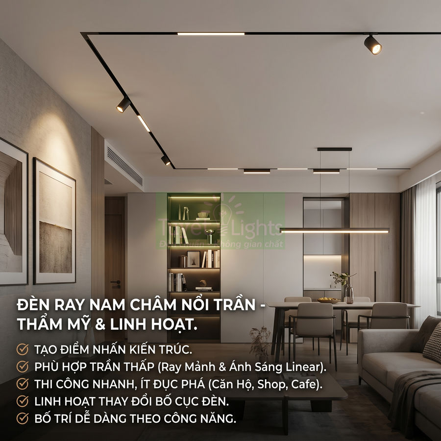 Lắp đèn rọi ray nam châm nổi trần có đẹp không?