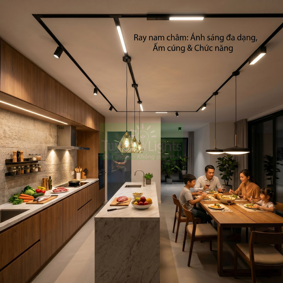 Đèn ray nam châm chiếu sáng phòng bếp hiện đại với đảo bếp đá và bàn ăn gia đình ấm cúng
