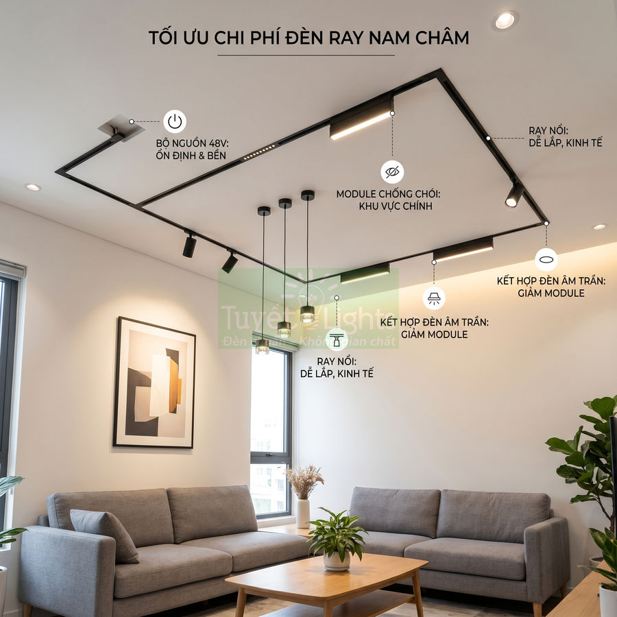 Đèn ray nam châm lắp trần phòng khách hiện đại với sofa xám và bàn gỗ sáng màu
