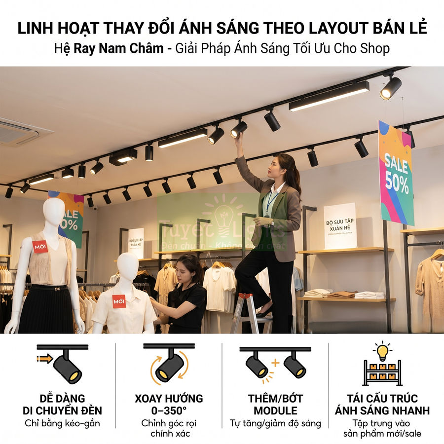 Hệ đèn ray nam châm chiếu sáng shop quần áo, dễ dàng điều chỉnh hướng rọi và thay đổi bố cục ánh sáng