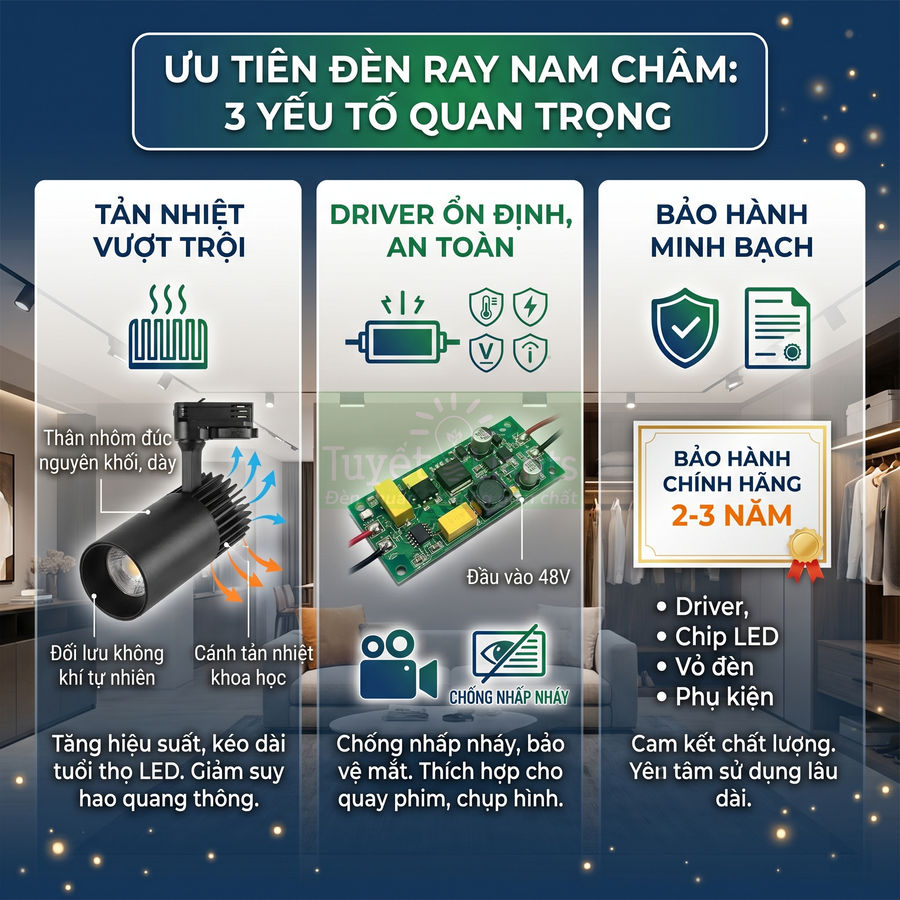 Đèn ray nam châm tản nhiệt tốt, driver ổn định chống nhấp nháy, bảo hành chính hãng 2 đến 3 năm