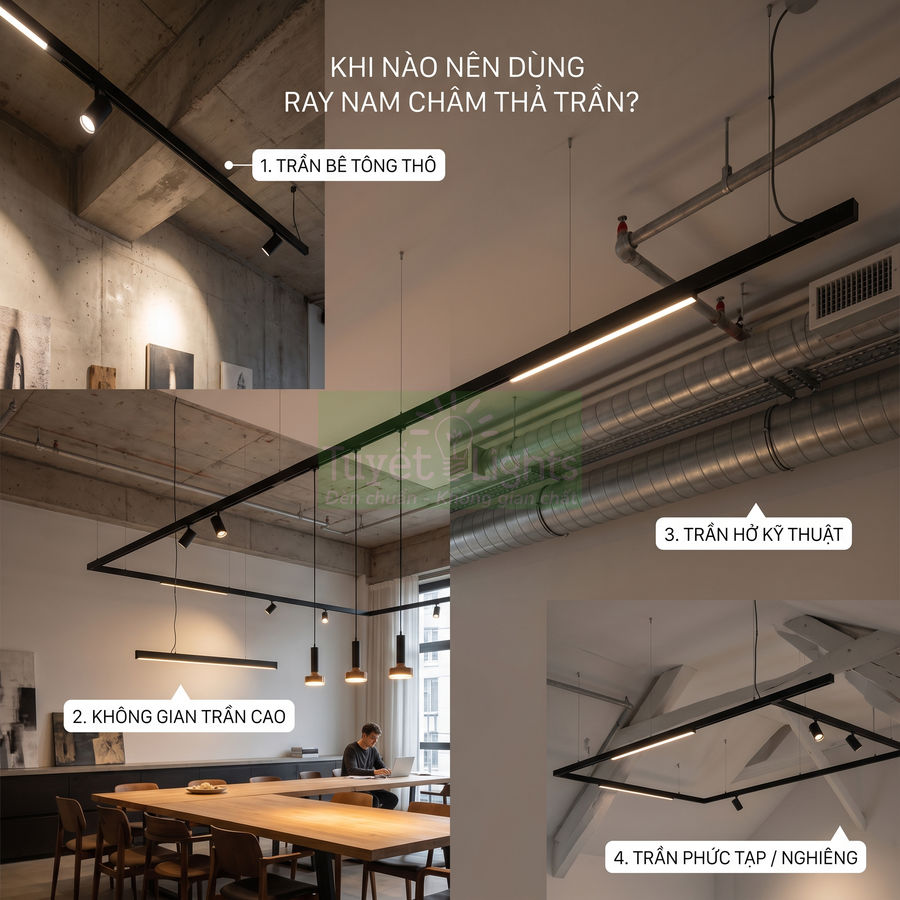 Đèn ray nam châm thả trần chiếu sáng trần bê tông, trần cao, trần hở kỹ thuật và trần phức tạp trong nội thất hiện đại