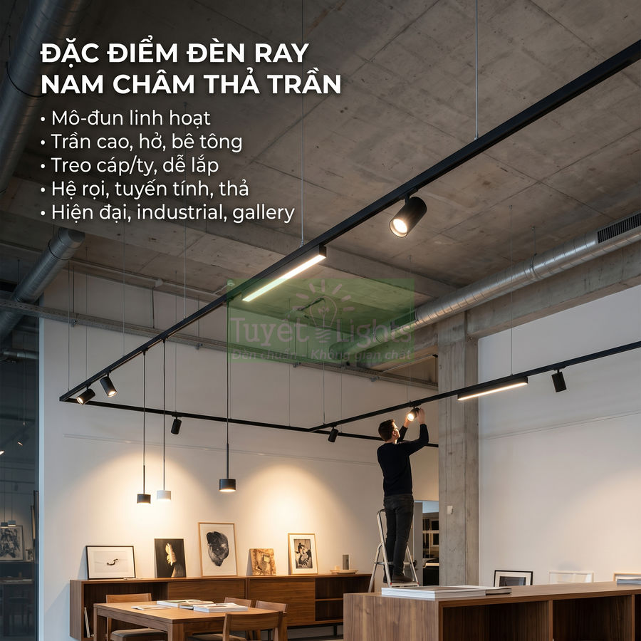 Đèn ray nam châm thả trần chiếu sáng phòng trưng bày nội thất hiện đại, lắp đặt trên trần bê tông